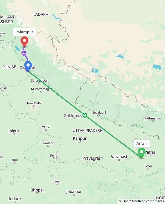 Route map showing distance and travel time from Arrah, India to Palampur, India