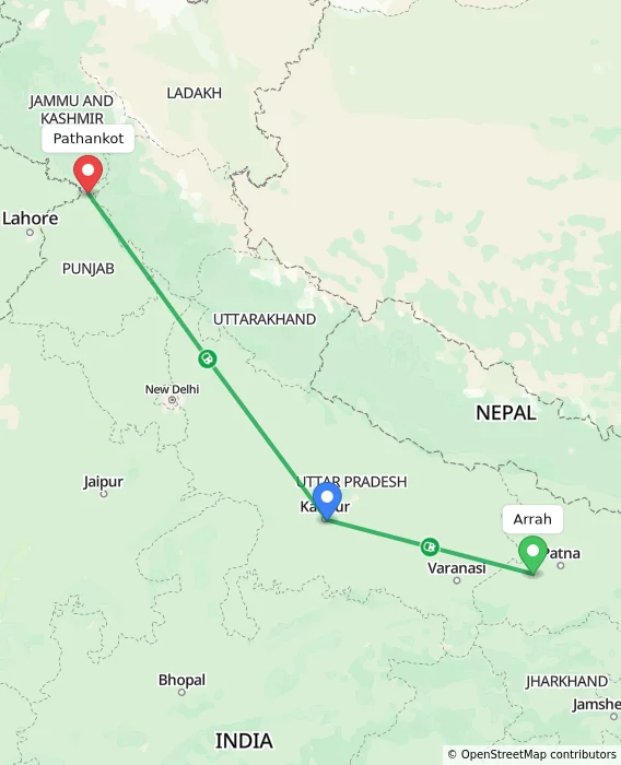 Route map showing distance and travel time from Arrah, India to Pathankot, India