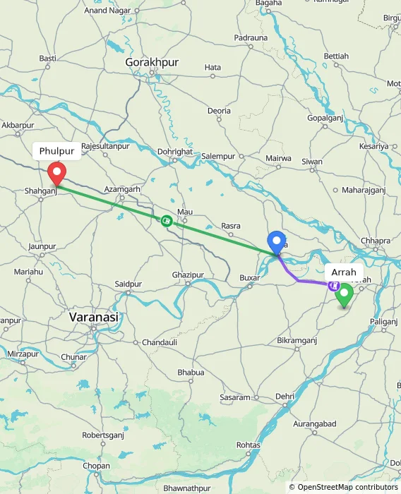 Route map showing distance and travel time from Arrah, India to Phulpur, India