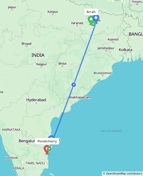 Route map showing distance and travel time from Arrah, India to Puducherry, India