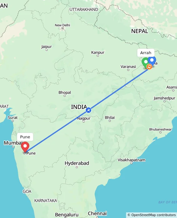 Route map showing distance and travel time from Arrah, India to Pune, India