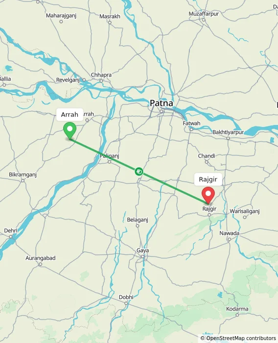 Route map showing distance and travel time from Arrah, India to Rajgir, India