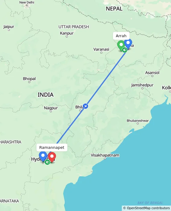 Route map showing distance and travel time from Arrah, India to Ramannapet, India