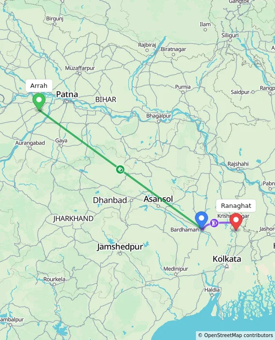 Route map showing distance and travel time from Arrah, India to Ranaghat, India