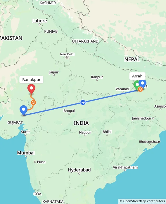 Route map showing distance and travel time from Arrah, India to Ranakpur, India
