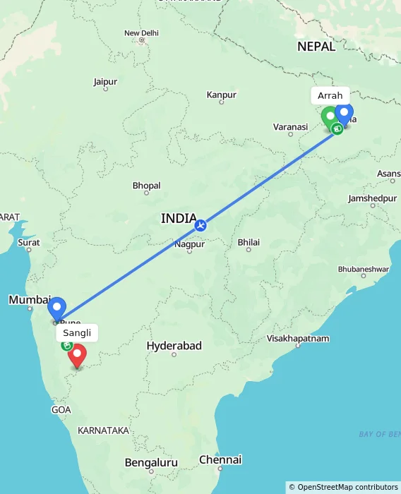Route map showing distance and travel time from Arrah, India to Sangli, India