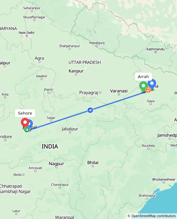 Route map showing distance and travel time from Arrah, India to Sehore, India