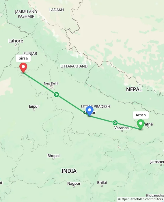 Route map showing distance and travel time from Arrah, India to Sirsa, India