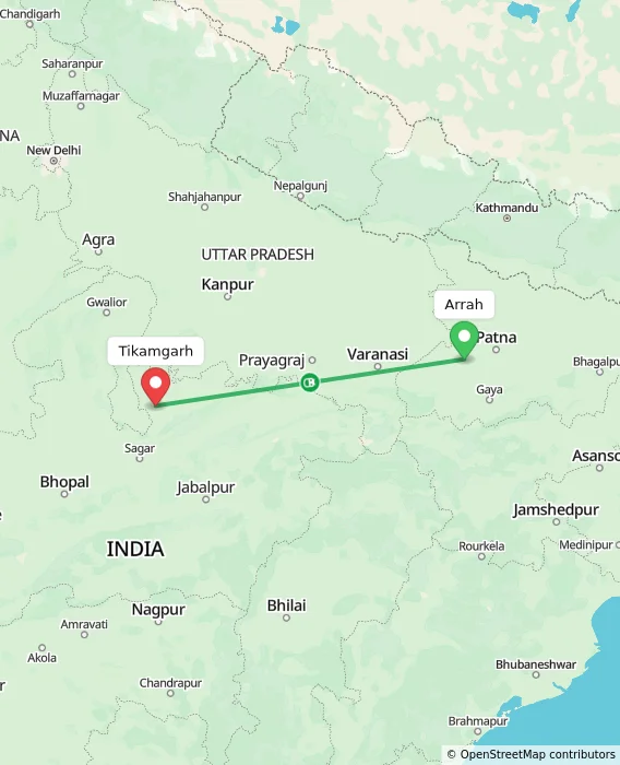 Route map showing distance and travel time from Arrah, India to Tikamgarh, India