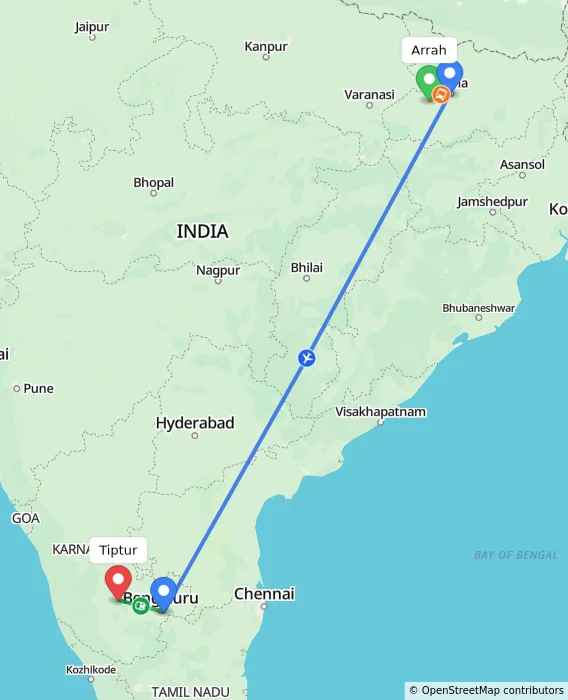 Route map showing distance and travel time from Arrah, India to Tiptur, India