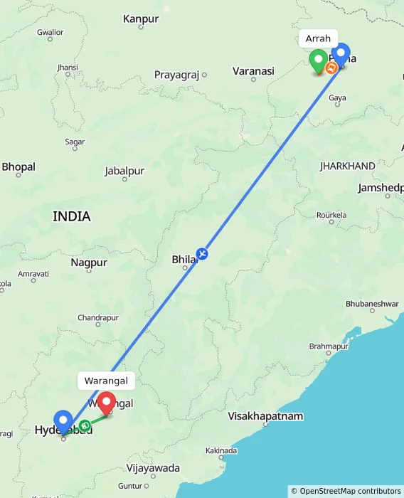 Route map showing distance and travel time from Arrah, India to Warangal, India