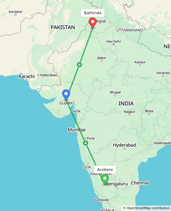 Route map showing distance and travel time from Arsikere, India to Bathinda, India