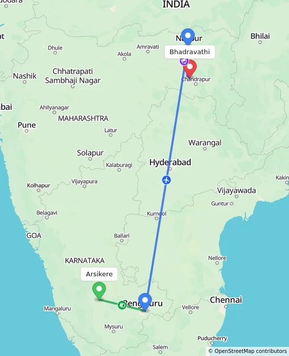 Route map showing distance and travel time from Arsikere, India to Bhadravathi, India