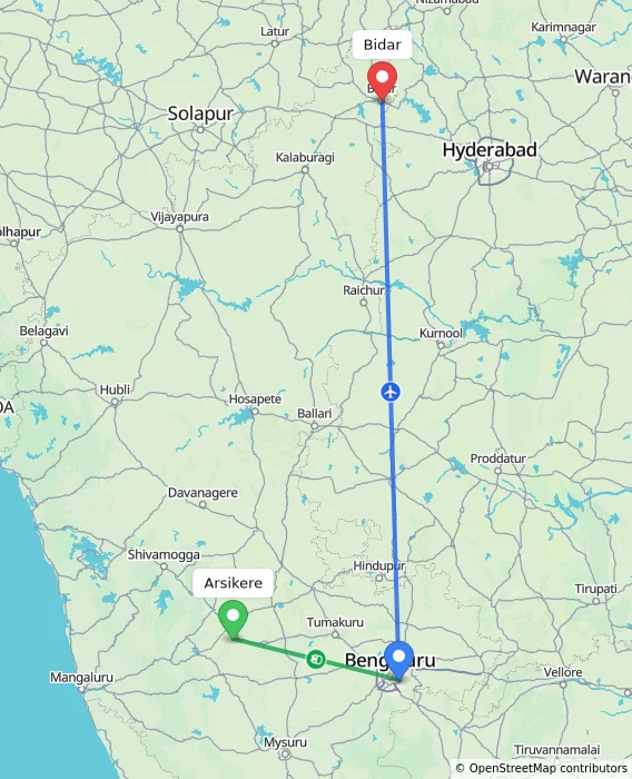 Route map showing distance and travel time from Arsikere, India to Bidar, India
