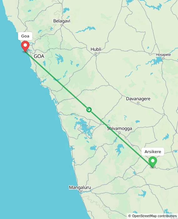Route map showing distance and travel time from Arsikere, India to Goa, India