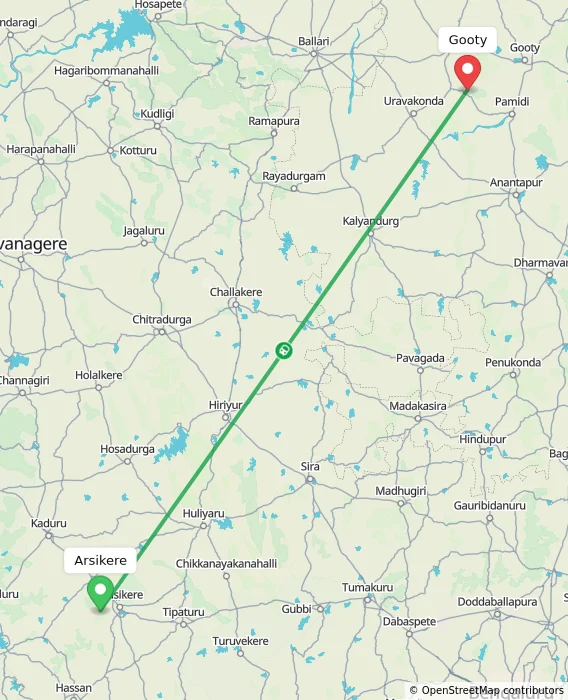 Route map showing distance and travel time from Arsikere, India to Gooty, India