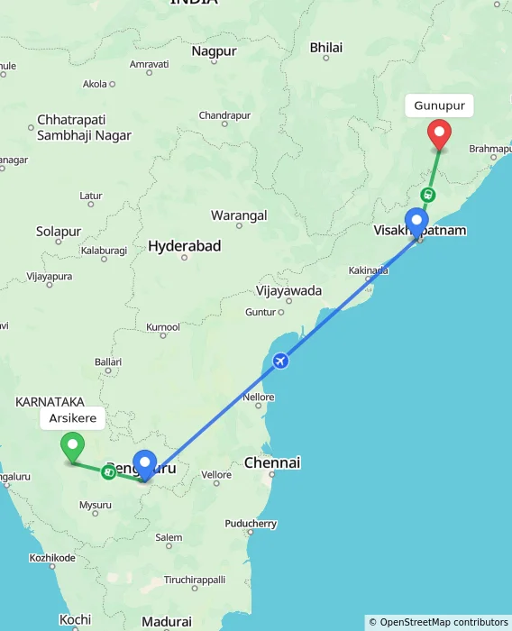 Route map showing distance and travel time from Arsikere, India to Gunupur, India