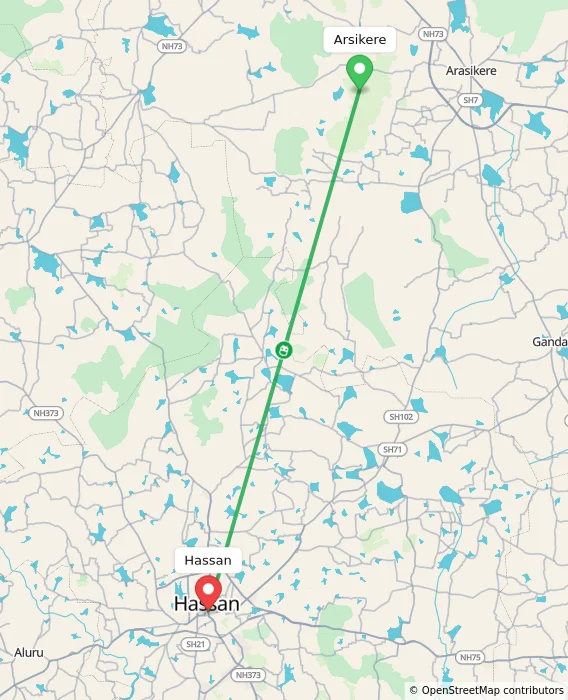 Route map showing distance and travel time from Arsikere, India to Hassan, India