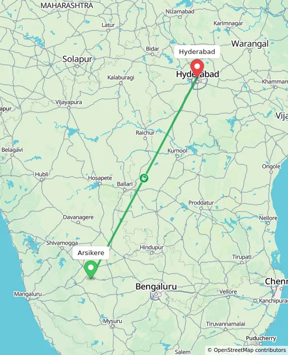 Route map showing distance and travel time from Arsikere, India to Hyderabad, India