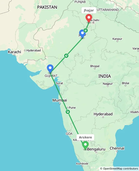 Route map showing distance and travel time from Arsikere, India to Jhajjar, India