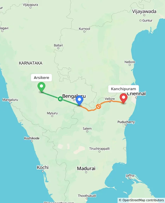 Route map showing distance and travel time from Arsikere, India to Kanchipuram, India