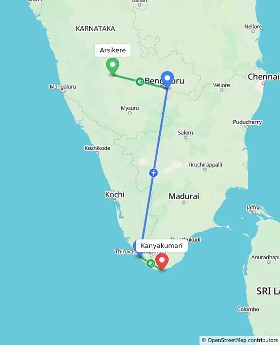 Route map showing distance and travel time from Arsikere, India to Kanyakumari, India