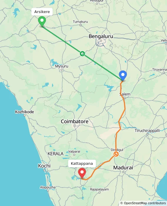 Route map showing distance and travel time from Arsikere, India to Kattappana, India