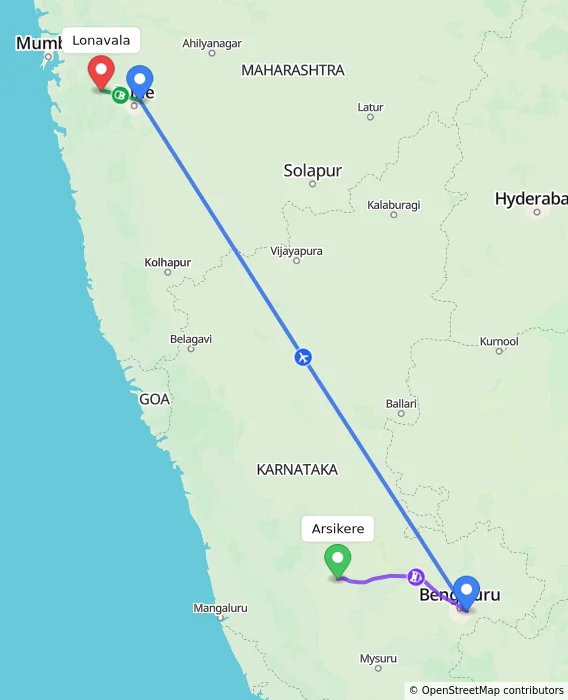 Route map showing distance and travel time from Arsikere, India to Lonavala, India