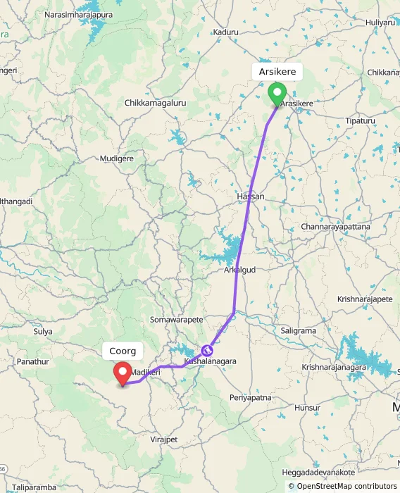 Route map showing distance and travel time from Arsikere, India to Madikeri, India