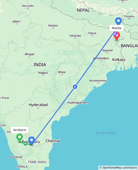 Route map showing distance and travel time from Arsikere, India to Malda, India