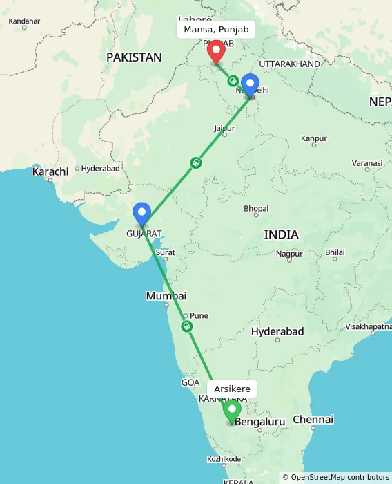 Route map showing distance and travel time from Arsikere, India to Mansa, Punjab, India
