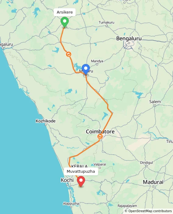 Route map showing distance and travel time from Arsikere, India to Muvattupuzha, India