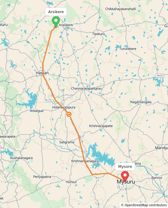 Route map showing distance and travel time from Arsikere, India to Mysore, India