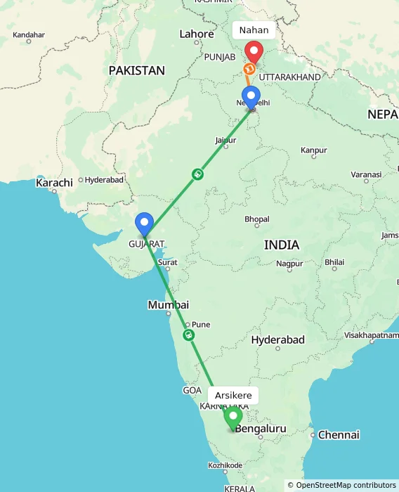 Route map showing distance and travel time from Arsikere, India to Nahan, India