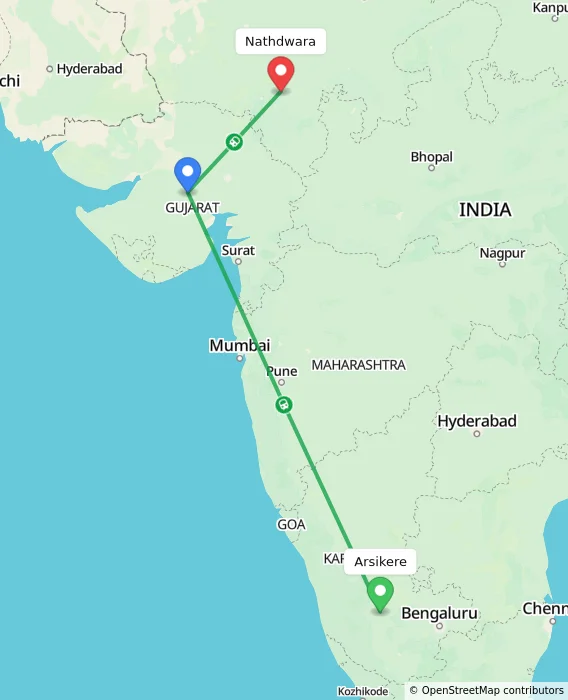 Route map showing distance and travel time from Arsikere, India to Nathdwara, India