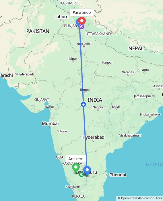 Route map showing distance and travel time from Arsikere, India to Parwanoo, India