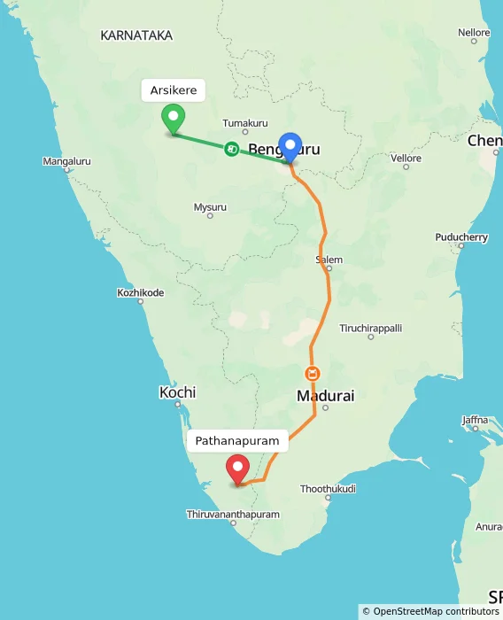 Route map showing distance and travel time from Arsikere, India to Pathanapuram, India