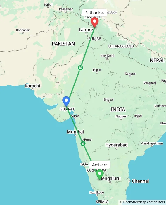 Route map showing distance and travel time from Arsikere, India to Pathankot, India