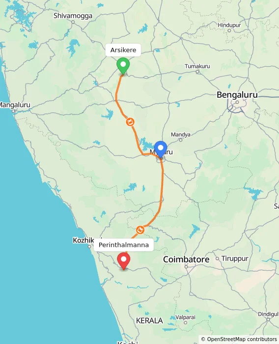 Route map showing distance and travel time from Arsikere, India to Perinthalmanna, India