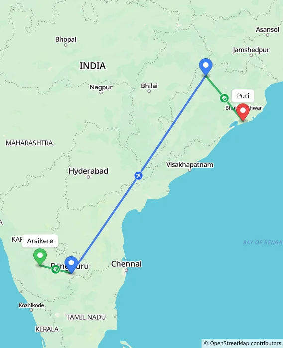 Route map showing distance and travel time from Arsikere, India to Puri, India