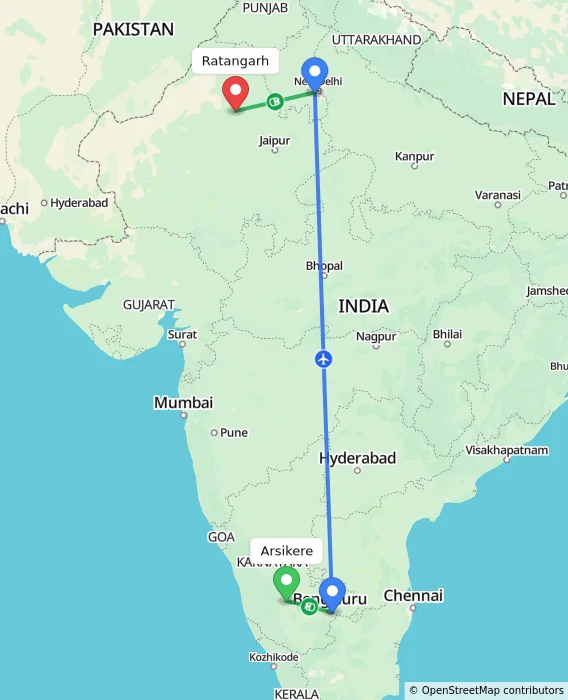Route map showing distance and travel time from Arsikere, India to Ratangarh, India
