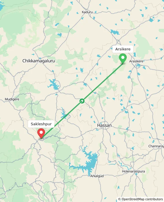Route map showing distance and travel time from Arsikere, India to Sakleshpur, India