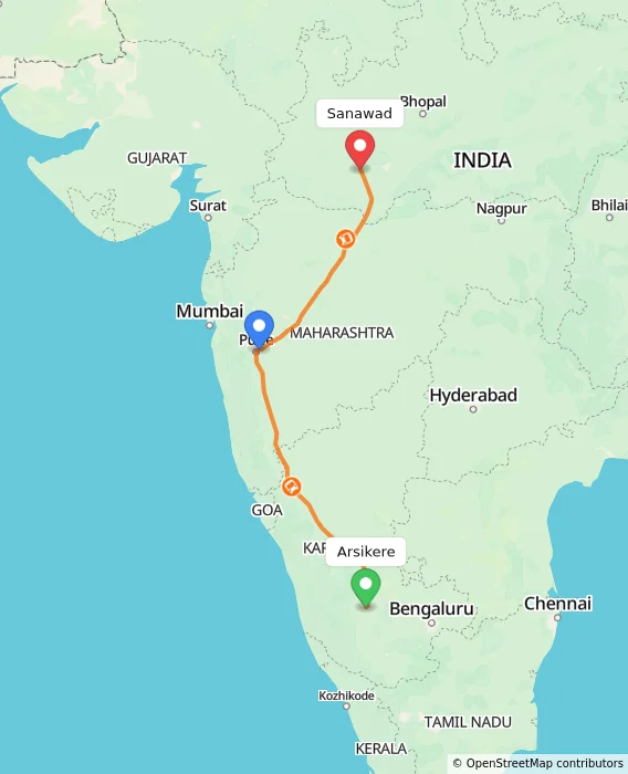Route map showing distance and travel time from Arsikere, India to Sanawad, India