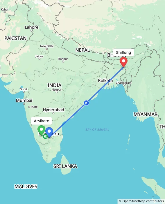 Route map showing distance and travel time from Arsikere, India to Shillong, India