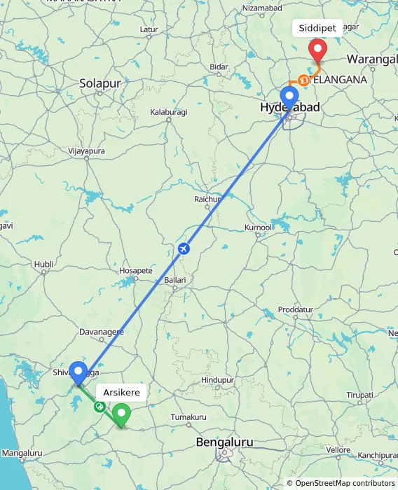 Route map showing distance and travel time from Arsikere, India to Siddipet, India