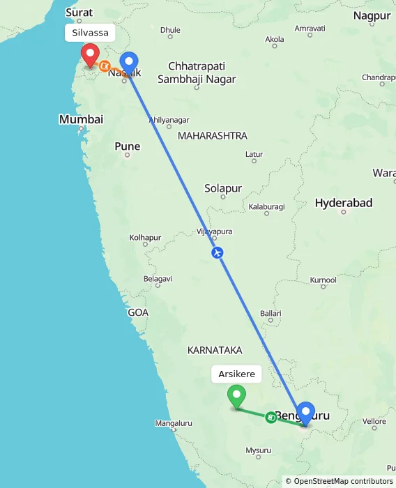 Route map showing distance and travel time from Arsikere, India to Silvassa, India
