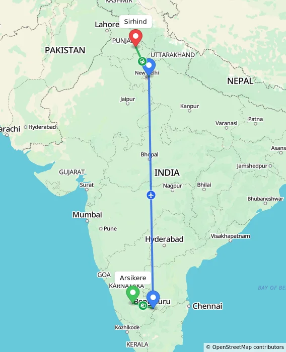 Route map showing distance and travel time from Arsikere, India to Sirhind, India