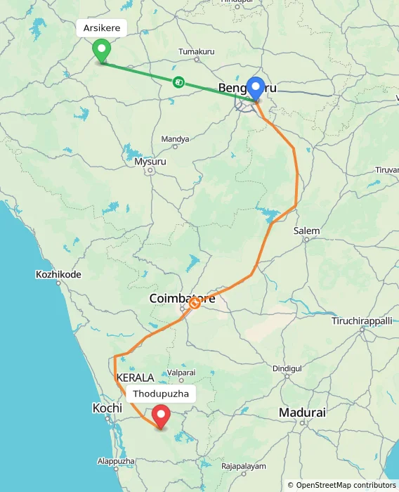 Route map showing distance and travel time from Arsikere, India to Thodupuzha, India