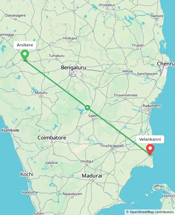 Route map showing distance and travel time from Arsikere, India to Velankanni, India