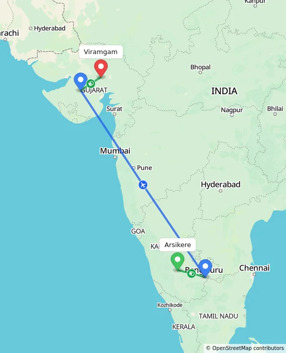 Route map showing distance and travel time from Arsikere, India to Viramgam, India